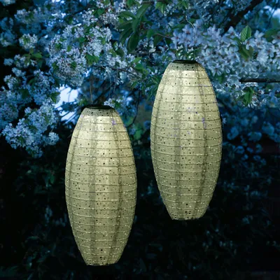 Produktbild von LED Solar Lampions oval - mit Blumenmuster - warmweiß - H: 40cm - Lichtsensor - grün - 2 Stück