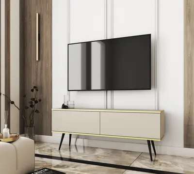 Obrázek produktu pro TV stolek, moderní design, barva béžová, rozměry 135 cm, s černými nohami, dvířka s mechanismem otevírání dotykem