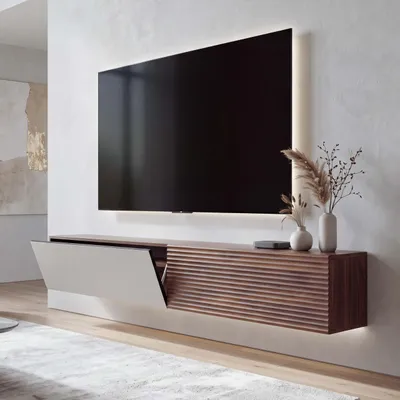 Zdjęcie produktu dla Regał pod telewizor HWC-Q84, niski stolik pod telewizor, montaż ścienny, z klapami, struktura 3D, płyta MDF, powłoka melaminowa, wymiary: 30x160x30 cm, wygląd orzecha