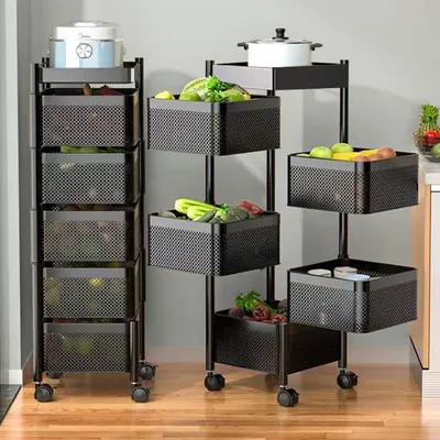 Produktbild von Servierwagen, 5 Ebenen Rotierende Küchenwagen, Rollwagen mit 4 Rollen, Quadrat Beistellwagen aus Metall, Multifunktions Küchenregal, Küchentrolley