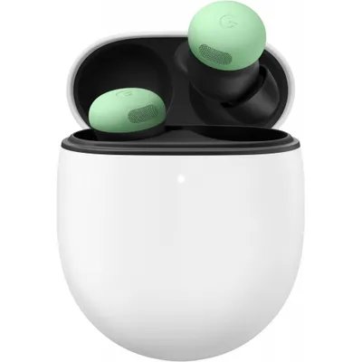 A pair of green Google Pixel Buds Pro earbuds are shown in their white charging case, with one earbud resting inside the case and the other positioned above it.