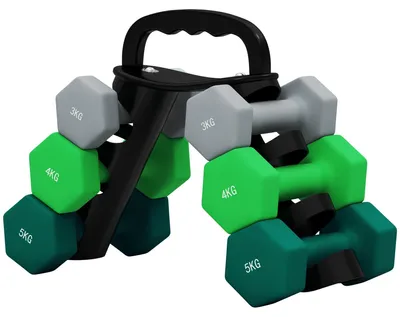 Produktbild von Hantelset 3-5 kg ​​mit Ablage und Kettlebellfunktion | Farbe: Graugrün | Abmessungen: 42x10x30 cm