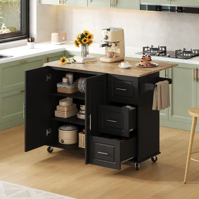 Image de Îlot de cuisine mobile Merax avec plan de travail rabattable, desserte à 3 tiroirs, meuble de rangement sur roulettes, aspect chêne noir