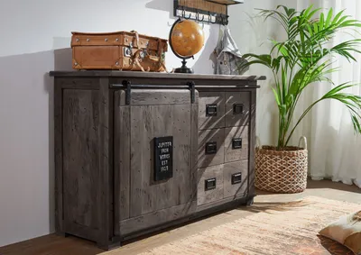 Produktbild von MASSIVMOEBEL24 Sideboard Mango 140x45x85 grau lackiert RAILWAY #221