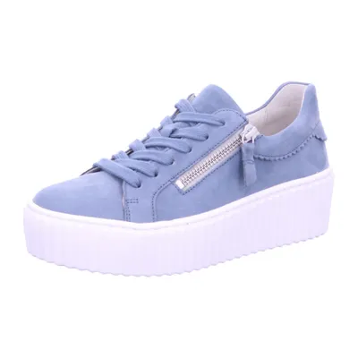 A single blue sneaker with a white platform sole is shown against a white background.
