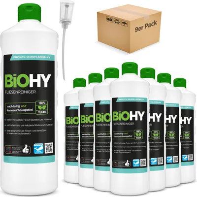 Produktbild von BiOHY Fliesenreiniger (9x1l Flasche) + Dosierer | speziell entwickelt für Stein- & Fliesenböden | hinterlässt eine schmutzabweisende Glanzschicht | entfernt jegliche Art von Schmutz mühelos