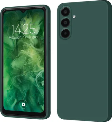 A split image showing the front and back of a green phone case with a phone inside.