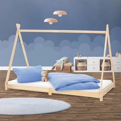 Zdjęcie produktu dla Łóżko tipi dla dzieci, 90 x 200 cm - Drewniane łóżko dziecięce z listewkami, odpowiednie dla chłopców i dziewczynek