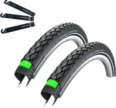 Image de 2 pneus de vélo Schwalbe Marathon Green Guard en noir Reflex 47-559 (26 x 1,75) avec démonte-pneu maxxi4you