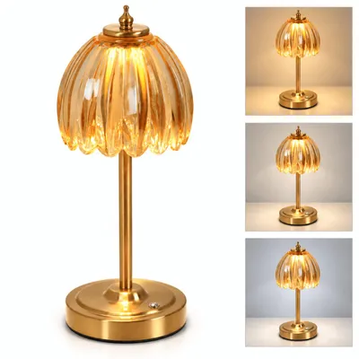 Produktbild von Akku-Tischlampe mit bernsteinfarbenem Glasschirm, Touch-Steuerung, 3 Lichtfarben, stufenlos dimmbar, USB-C, 34 cm, für Schlafzimmer und Wohnzimmer