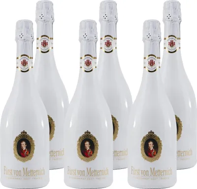 Six bottles of Fürst von Metternich Chardonnay Sekt are arranged in two rows on a white background.