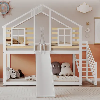 Produktbild von Kinderbett Etagenbett, Holzbett mit Treppe und Gitter, Rutsche und Fenster, Blockhaus mit Absturzsicherung, Massivholz, 90x200 cm