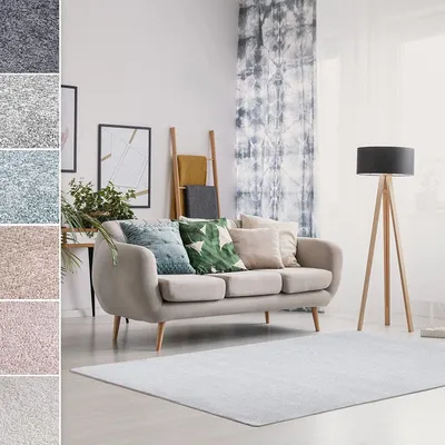 A living room scene with a sofa, curtains, and a lamp, showcasing different rug colors.