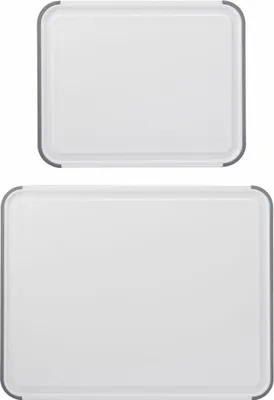 Two white cutting boards with gray edges are shown against a white background.