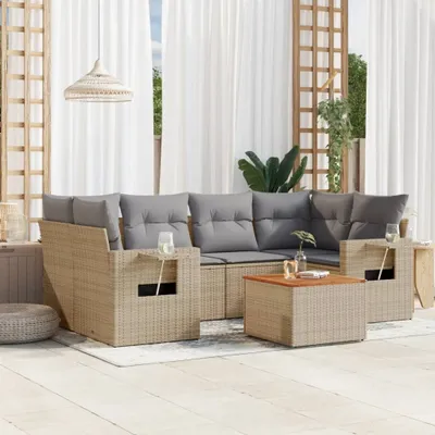 Produktbild von Design 7-tlg. Garten-Sofagarnitur mit Kissen Beige Poly Rattan, Gartensofas 2024 Neu