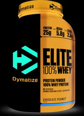 A Dymatize Elite 100% Whey Protein powder container, split down the middle to show both the black and orange sides of the packaging.