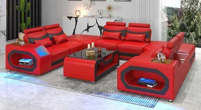 Productafbeelding van Design Wohnlandschaft Großes Sofa XXL U-Form Ecksofa Ledersofa Rot LED