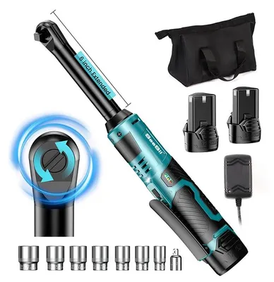 Immagine prodotto di Avvitatore a batteria con bussola da 9,5 mm - Coppia di serraggio: 55 Nm - Tensione: 12 V - Motore brushless - 2 batterie incluse - Prolunga da 15 cm