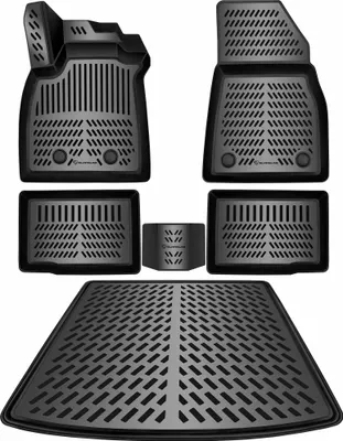 A set of car floor mats and a trunk liner, displayed on a white background.