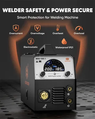 Zdjęcie produktu dla Spawarka MIG – model MIG185-II – 4 w 1: MIG, MAG, MMA, TIG – z gazem i bezgazowa – cyfrowy inwerter 220 V – wtyczka UE