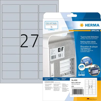 Produktbild von HERMA 4592 Typenschild Folien-Etiketten silber, 10 Blatt, 63,5 x 29,6 mm, 27 pro A4 Bogen, 270 Stück, selbstklebend, bedruckbar, wetterfest, blanko Klebeetiketten Aufkleber aus Folie