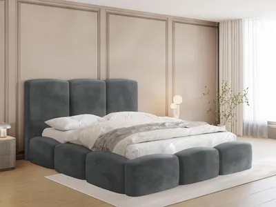 Obrázok produktu pre Postel s čalúneným čelom a roštom s úložným priestorom, 140x200 cm – Posteľ s vysokým čelom, sivá zamatová látka – Moderná dvojlôžková posteľ s úložným priestorom, rám postele, bez matraca – Harmony