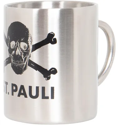 Produktbild von FC St. Pauli Kaffeebecher Totenkopf Edelstahl, Original Fanartikel, Silberne Edelstahltasse mit Totenkopf, 450 ml