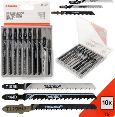 A collection of jigsaw blades and their packaging.