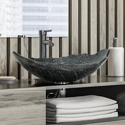 Produktbild von Puluomis Waschbecken Glas Aufsatzwaschbecken Waschschale Oval mit Wasserhahn Ablaufgarnitur Schwarz Silber