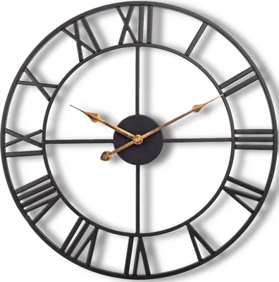 A black metal wall clock with Roman numerals and gold hands.