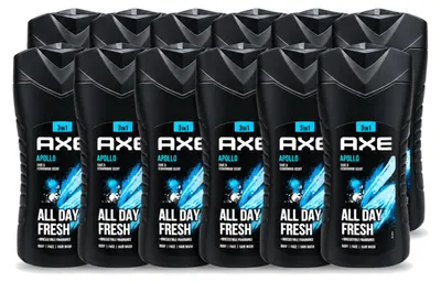 Imagen del producto de 12 unidades de gel de ducha Axe 3 en 1, aroma Apollo con salvia y cedro, 400 ml. Paquete económico