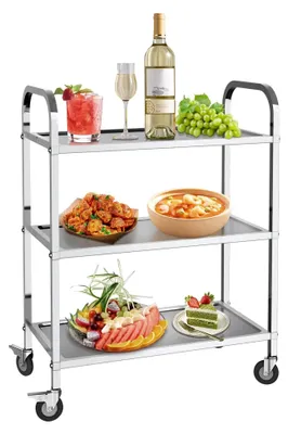 Produktbild von Servierwagen Küchenwagen Edelstahl mit 3 Böden und 4 Rädern (625x315xH800mm)