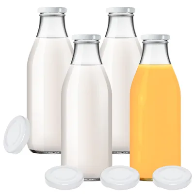 4 Glasflaschen 1000 ml mit 8 Deckeln & Etiketten