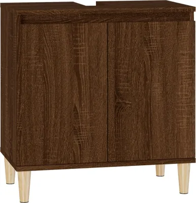 A brown wooden cabinet with two doors and four legs.