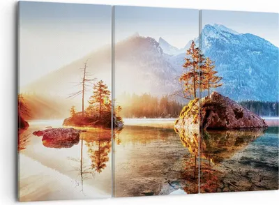 Produktbild von Bild auf Leinwand - Leinwandbild - 3 Teile - Morgendämmerung Berge See - 105x70cm - Wand Bild - Wanddeko - Wandbilder - Leinwanddruck - Bilder - Wanddekoration - Leinwand bilder - CE105x70-4617