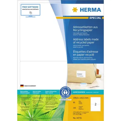 Image de HERMA 10735 Etiquettes en papier recyclé A4 199,6x143,5 mm blanc adhésif permanent