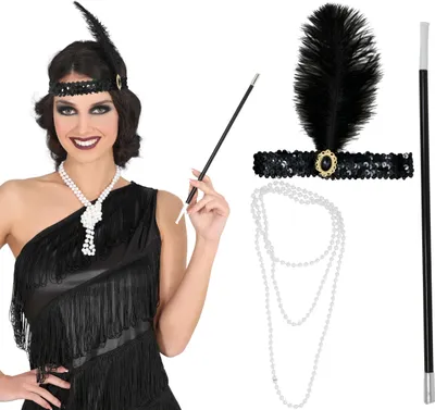 Productafbeelding van 20S Flapper hoofdsieraad, parelketting, sigarettenhouder, Charleston-stijl, carnaval, vastenavond, vintage, kleur: wit / zwart