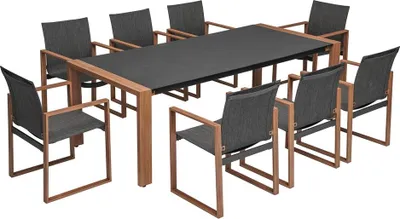 Image de Ensemble de salon de jardin pour 8 personnes, table en verre trempé et 8 fauteuils, anthracite / marron, 220 x 100 x 74,5 cm
