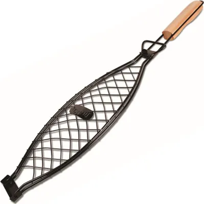 A fish grill basket with a wooden handle on a white background.