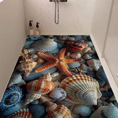 Image de Tapis antidérapant pour douche, 80x120 cm, en PVC, motif étoile de mer, coquillage, loofah, surface douce et antidérapante, avec trou de drainage