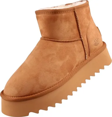 Das Bild zeigt einen braunen Stiefel in einem eleganten Design. Der Stiefel ist von der linken Seite abgebildet und hebt die geschwungene Form hervor.