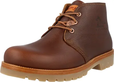 A single brown leather boot is shown against a white background.