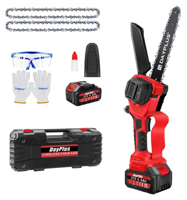Obrázek produktu pro Akumulátorová řetězová pila - 20 cm, mini pila - bezkartáčový motor - baterie 4,0 Ah a nabíječka - 2 řetězy - ruční pila pro zahradu a prořezávání větví
