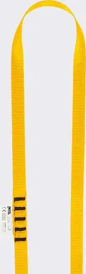 A yellow climbing sling on a white background.