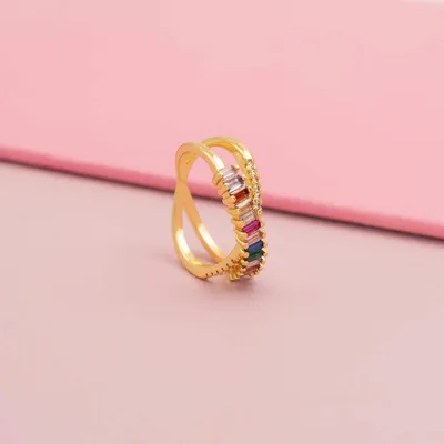 Produktbild von Vintageparts Ring Mira Regenbogen Zirkonia bunt goldfarben Messing Größe 6