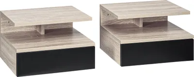 Produktbild von HOMCOM Set mit 2 schwebenden Nachttischen mit 1 Schublade und offenem Regal, modernes Design, Wandmontage, 35 x 32 x 22,5 cm, Eiche und Schwarz