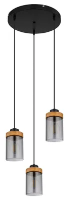 A pendant light fixture with three glass shades and wooden accents, suspended from a black circular ceiling plate.
