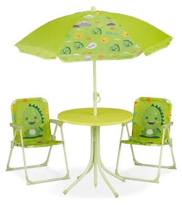 Immagine prodotto di Set da giardino per bambini Relaxdays, motivo mostri, set da giardino per bambini con ombrellone, sedie pieghevoli e tavolo, verde, Immagine generata dall'IA
