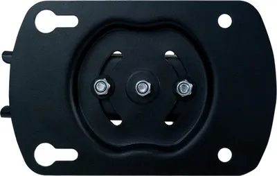 A black metal mounting bracket with screw holes and a central rotating mechanism.