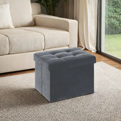 Immagine prodotto di Panca portaoggetti in velluto con coperchio ribaltabile | Grigio scuro | 41x31x31 cm